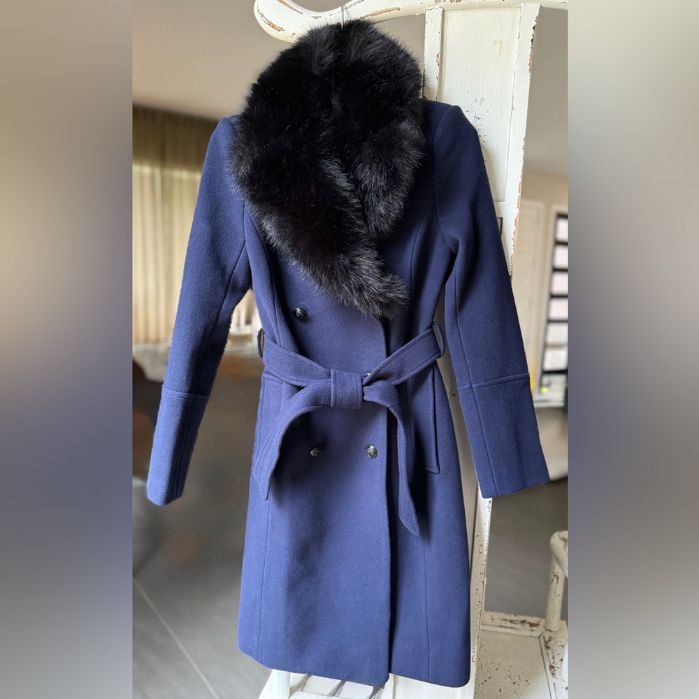 L'Agence Tristan Belted Wool-blend Coat Fur Collar Detachable ~Dark Blue ~ 0